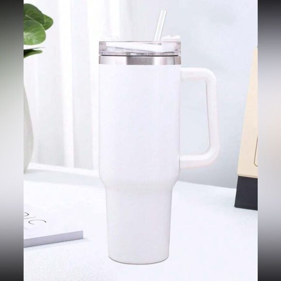 Tumbler White Stainless Steel 40 Oz with Straw Handle Travel Cup Hot Cold Water - Picture 7 of 8